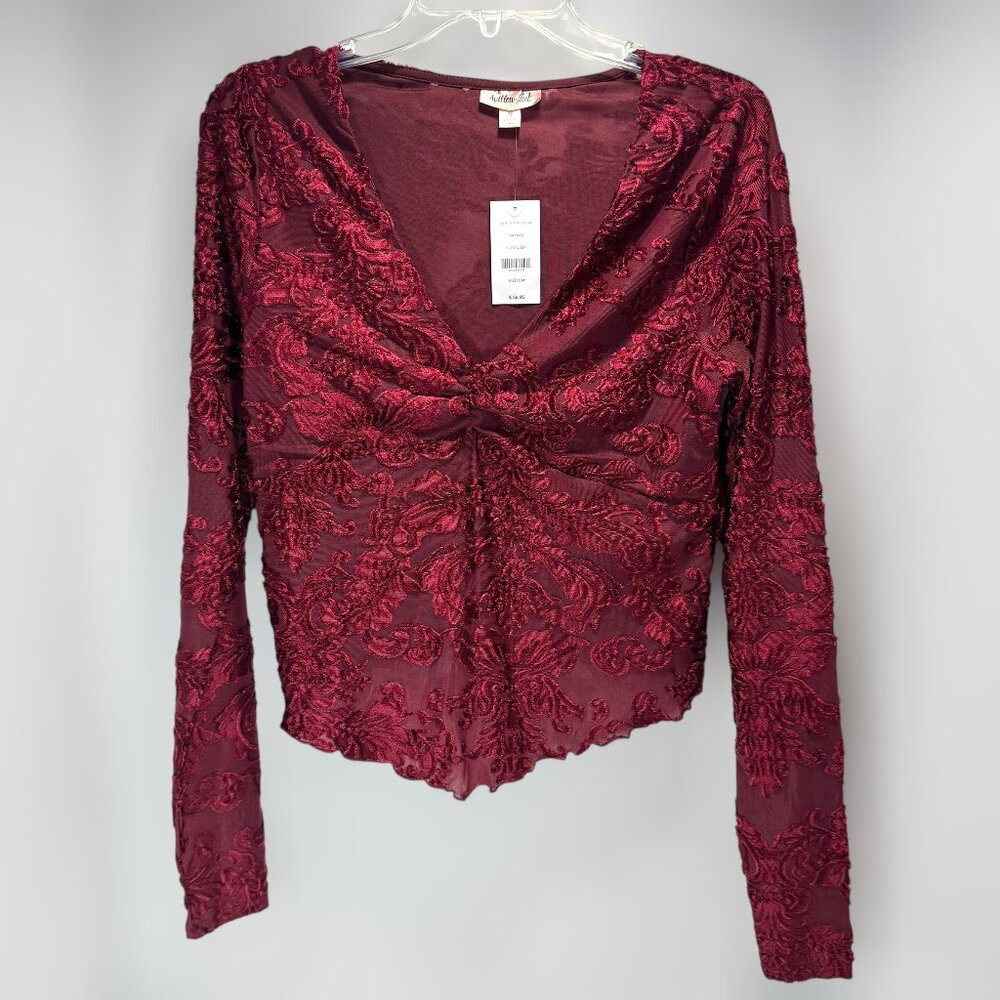 Willow Root Burgundy Velvet Burnout Sheer Long Sleeve Top Medium NWT